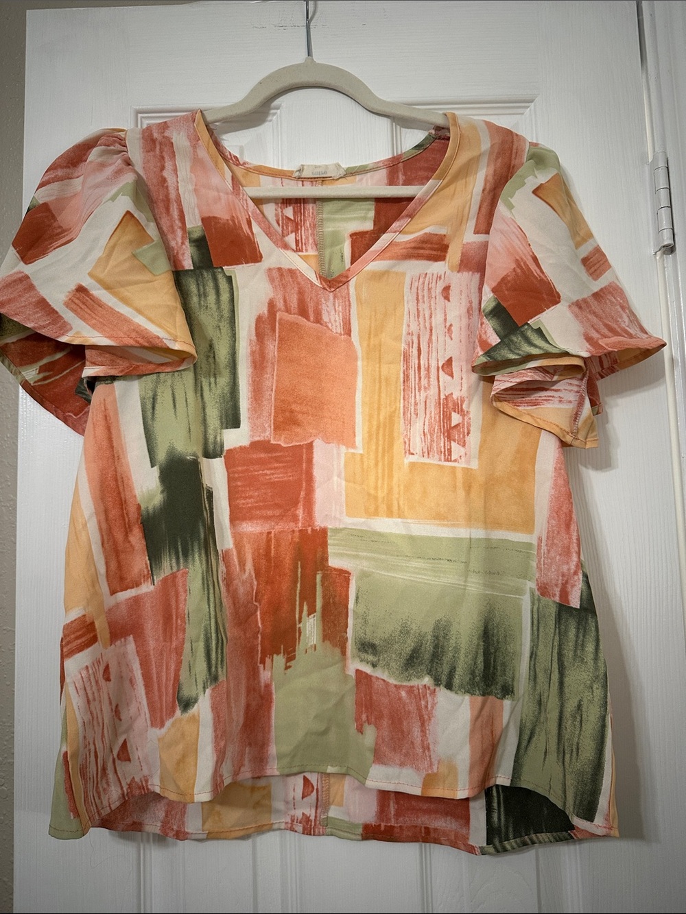 Womens Abstract Brushstroke V-Neck Flutter Sleeve Top - Multicolor
